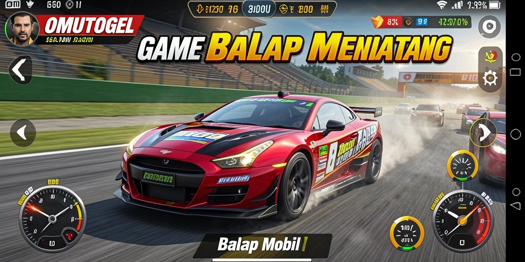 Tampilan antarmuka balap mobil yang mendalam dan menarik.